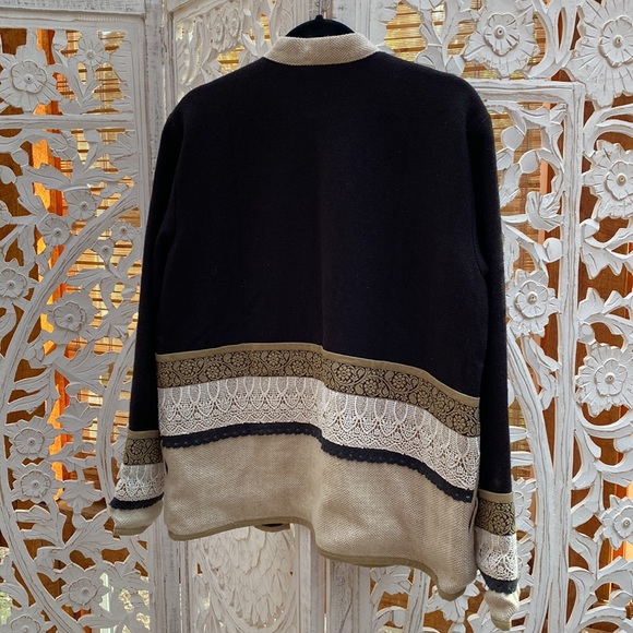 Funky retro vintage embroidered black lace burlap + floral coat jacket L-XL - Picture 14 of 16